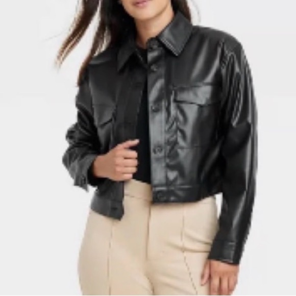 a new day Jackets & Blazers - a new day Black Faux Leather Cropped Cargo Jacket